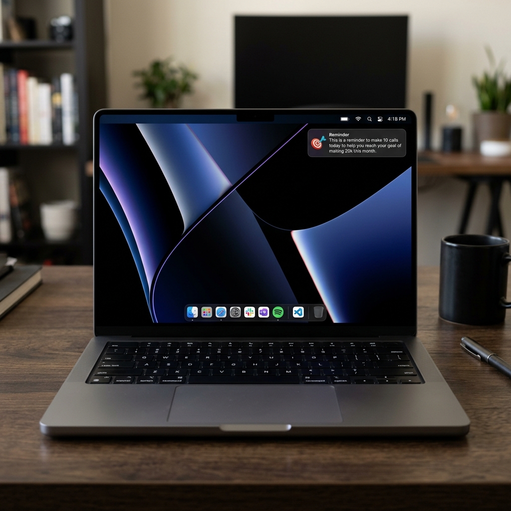Mac home screen showing a MissionCue goal reminder notification.